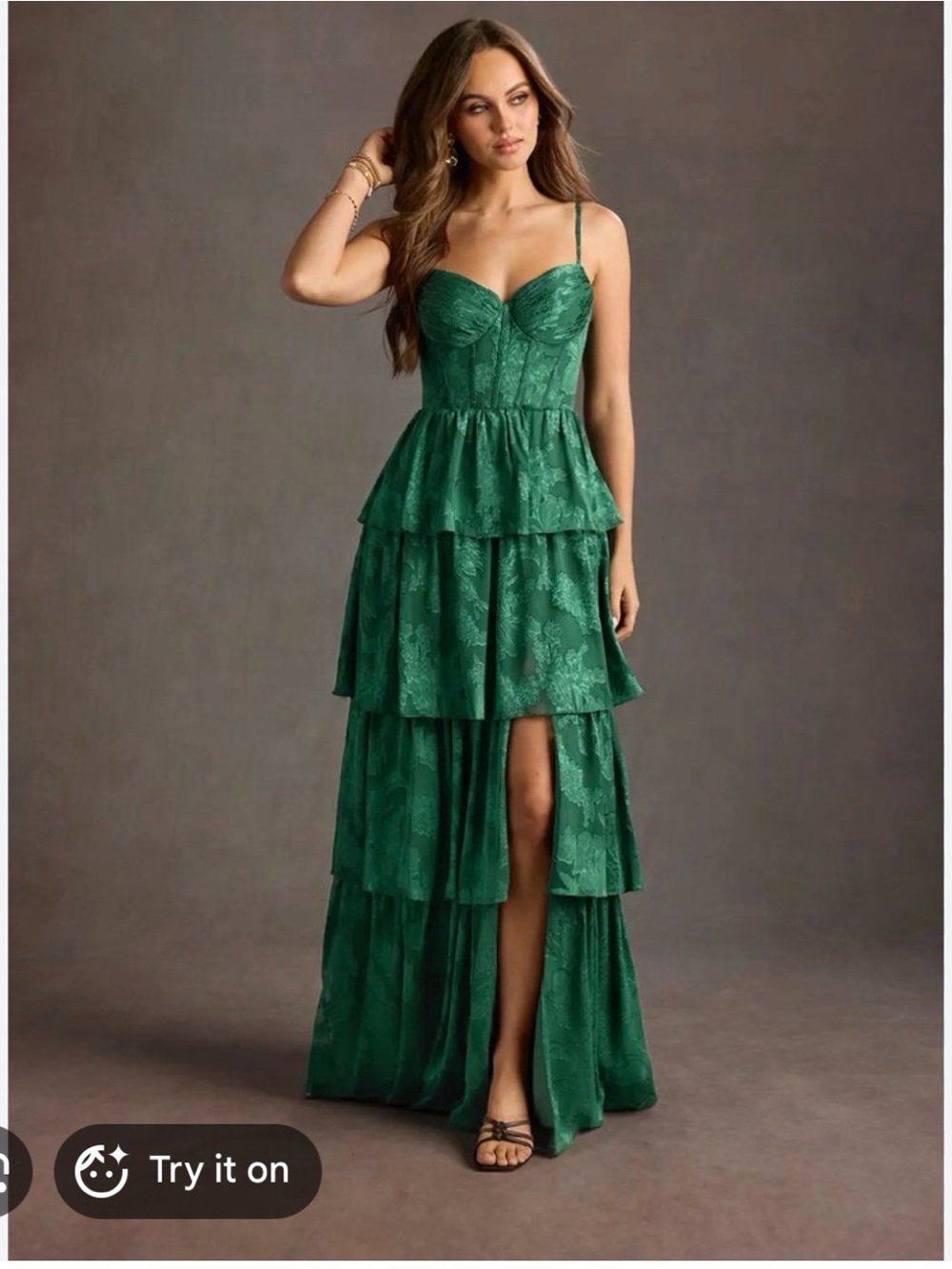 Azazie Emerald Green Tiered Lace High-Low Gown